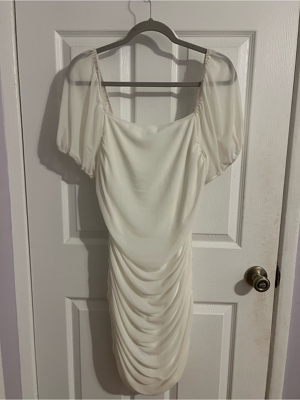 White Puff-Sleeve Ruched Mini Dress